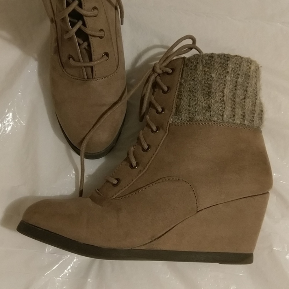 Tan beige light brown booties wedge